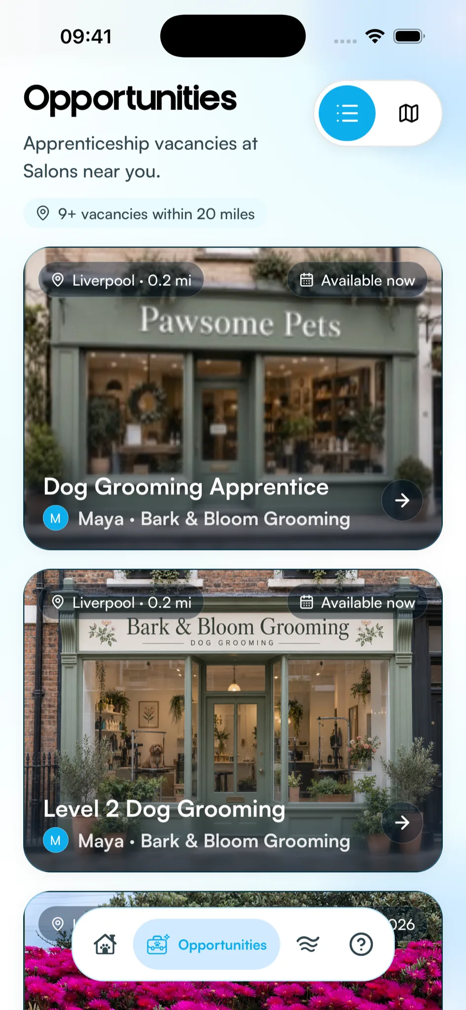 Canine Groom School app showing nearby dog grooming apprenticeship vacancies at local salons
