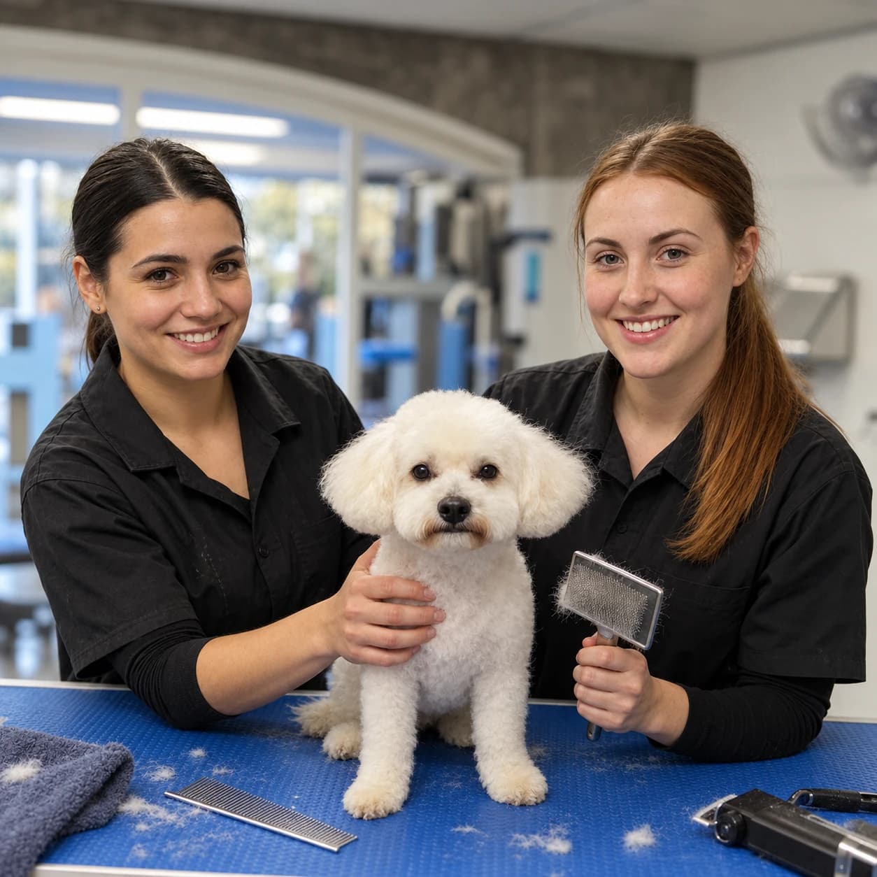 Two dog groomers with a freshly groomed dog