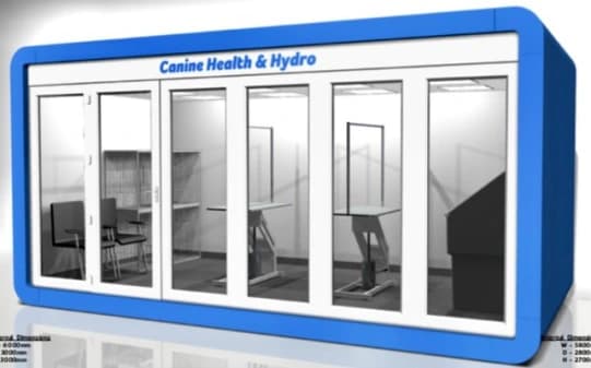 Design illustration of a wide blue grooming pod with a glazed front